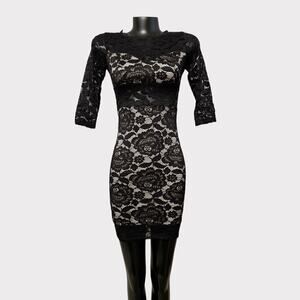 VINTAGE 90s Lace Mini Bodycon Dress sz Small XS Black Witchy Gothic 1/2 Sleeve